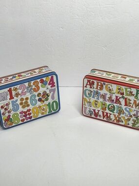 J.S.N.Y. Tin Boxes Set Multicolor Numbers Alphabet 1970s Decorative Collectible